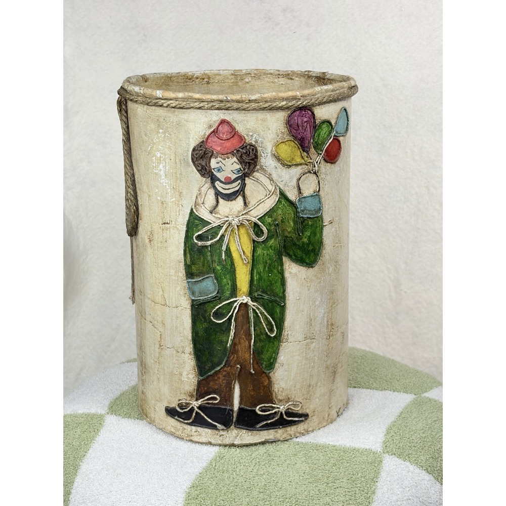 Vintage Louise Allman Papier Mache Clown Wastebasket Art New Port Richey FL